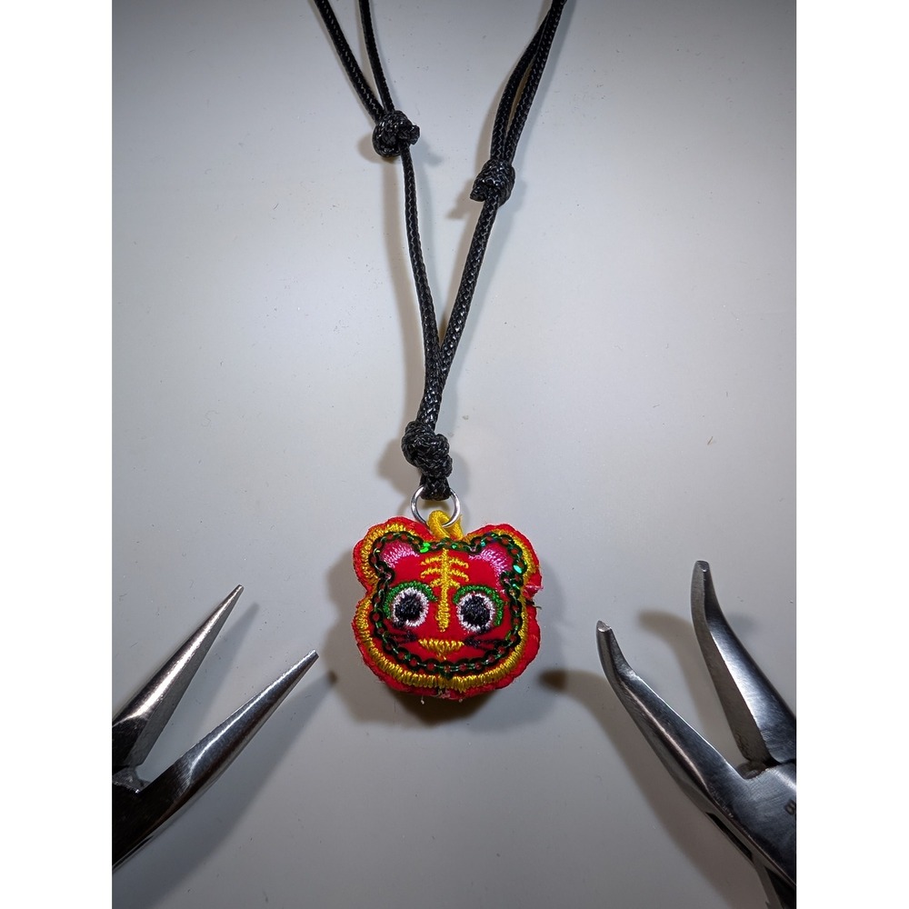 Embroidered Tiger Head Pendant Necklace Adjustable Black Cord Red Folk Art Style